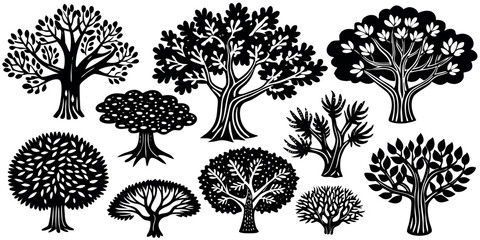 Collection of black and white stylized trees