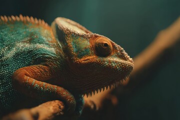 Obraz premium Close-Up of a Colorful Chameleon Resting on a Branch, Showcasing Intricate Textures and Vibrant Shades Against a Soft Focus Background in a Natural Habitat