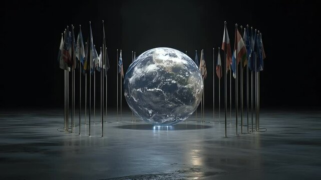 A circle of world flags surrounding a glowing Earth model