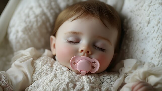 Realistic reborn baby with a pink pacifier, lying on a white textured pillow, eyes closed
