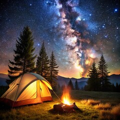 Nighttime camping under a vibrant Milky Way galaxy