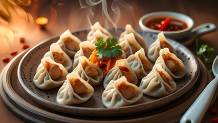 pClose-up of juicy chicken momos placed on a rustic ceramic plate with red chili chutney on the side