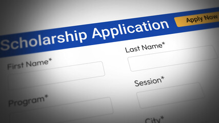 Applying for Online scholarship concept with yellow button close up. University, education, graduation, scholarship, funding