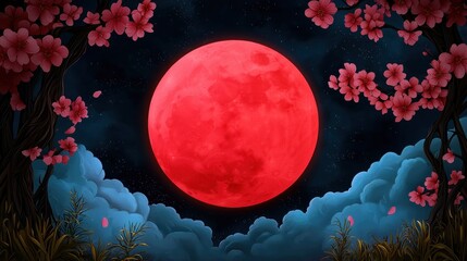 Pixel Art Red Moon Night Scene with Cherry Blossoms