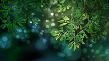 Abstract green foliage with soft bokeh lights, evoking nature's tranquil essence series