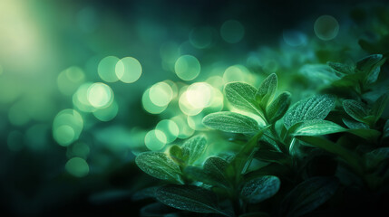 Abstract green foliage with soft bokeh lights, evoking nature's tranquil essence series