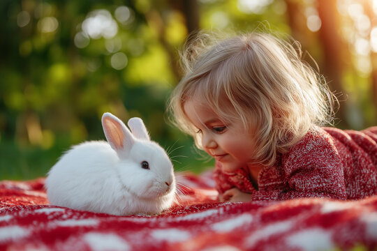Toddler on red picnic blanket with white bunny, green park background, bright warm sunlight, joyful summer