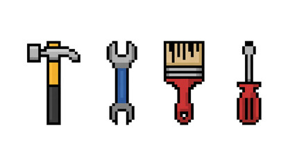 Plakat Pixel art tools including hammer, wrench, brush and screwdriver are arranged on a transparent background, evoking a retro video game aesthetic and representing construction or diy projects