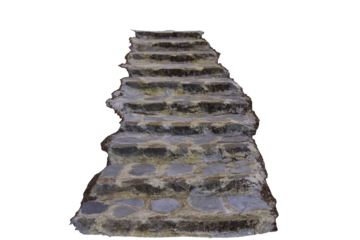 A long, weathered stone staircase ascends towards an unseen destination, its irregular steps embedded in earthy mortar