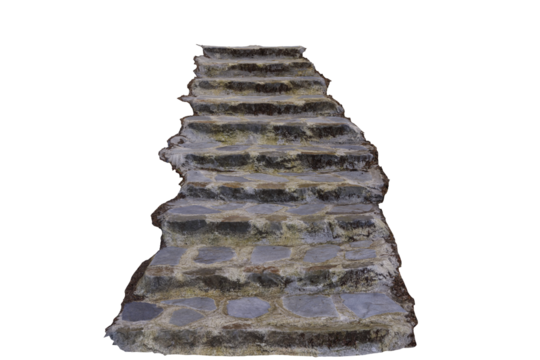 A long, weathered stone staircase ascends towards an unseen destination, its irregular steps embedded in earthy mortar