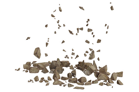 A chaotic scattering of numerous small, irregular grey and brown rocks, some airborne, others piled on the ground