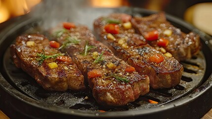 Delicious grilled steak recipe with herbs and tomatoes on a hot grill for gourmet food lovers feast