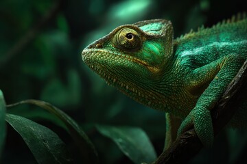 Obraz premium Close-Up Portrait of a Vibrantly Colorful Chameleon Perched on a Branch Surrounded by Lush Green Foliage in a Tropical Environment