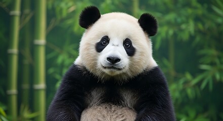 Giant panda bear portrait in bamboo forest, close-up