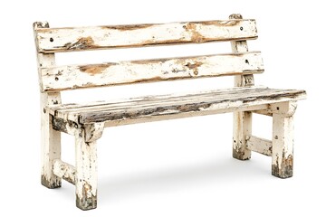 White wooden street old and peeling paint bench. Interior design concept. Isolated object on white background