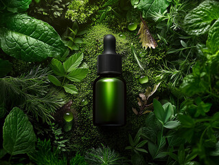 Mockup of Luxurious Skincare Serum Bottle Among Fresh Herbs and Moss on Green Natural Background
