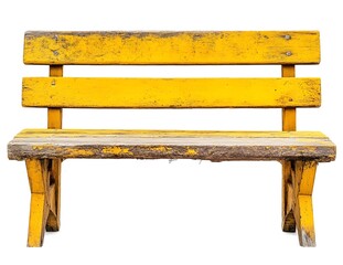 Yellow and completely peeling dirty wooden street bench. Interior design concept. Isolated object on white background