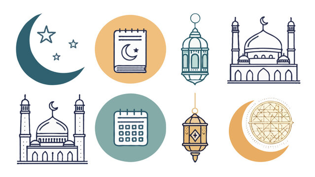 Islamic and Ramadan vector icon set of mosque, crescent moon, lanterns and calendar - Muslim religious symbols collection for web design.