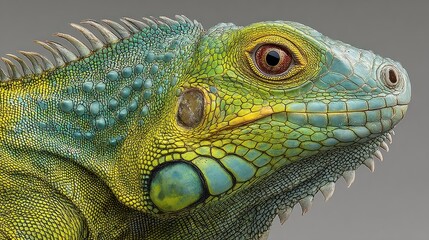Fototapeta premium Detailed Portrait of Green Iguana Head Showing Scales and Vibrant Coloration