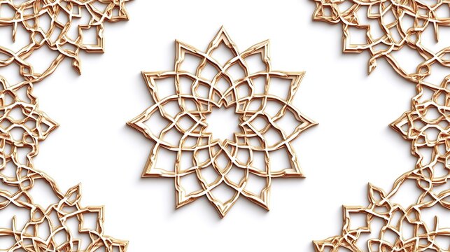 Golden, intricate, symmetrical, floral, mandala design on white background