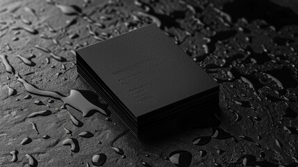 Sleek stack of matte black business cards on dark stone surface with water drops