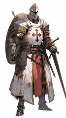 Fototapeta premium Knight illustration, full armor, holding sword and shield, intricate details, ready for battle.