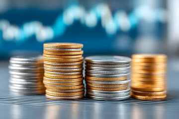 Stacks of coins arranged on a table, reflecting smart investment decisions against a blurred financial graph in the background.
