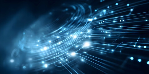 A visually captivating abstract representation of technology, showcasing vibrant blue lines and glowing dots, symbolizing innovation and connectivity.