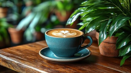 Aromatic latte in teal cup, plant-filled cafe