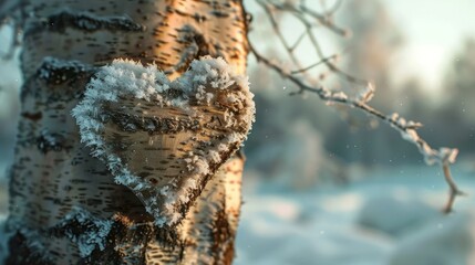 Beautiful winter landscape with heart of snow on tree trunk, tree of love, symbol Valentine`s Day and wedding marriage 8K.