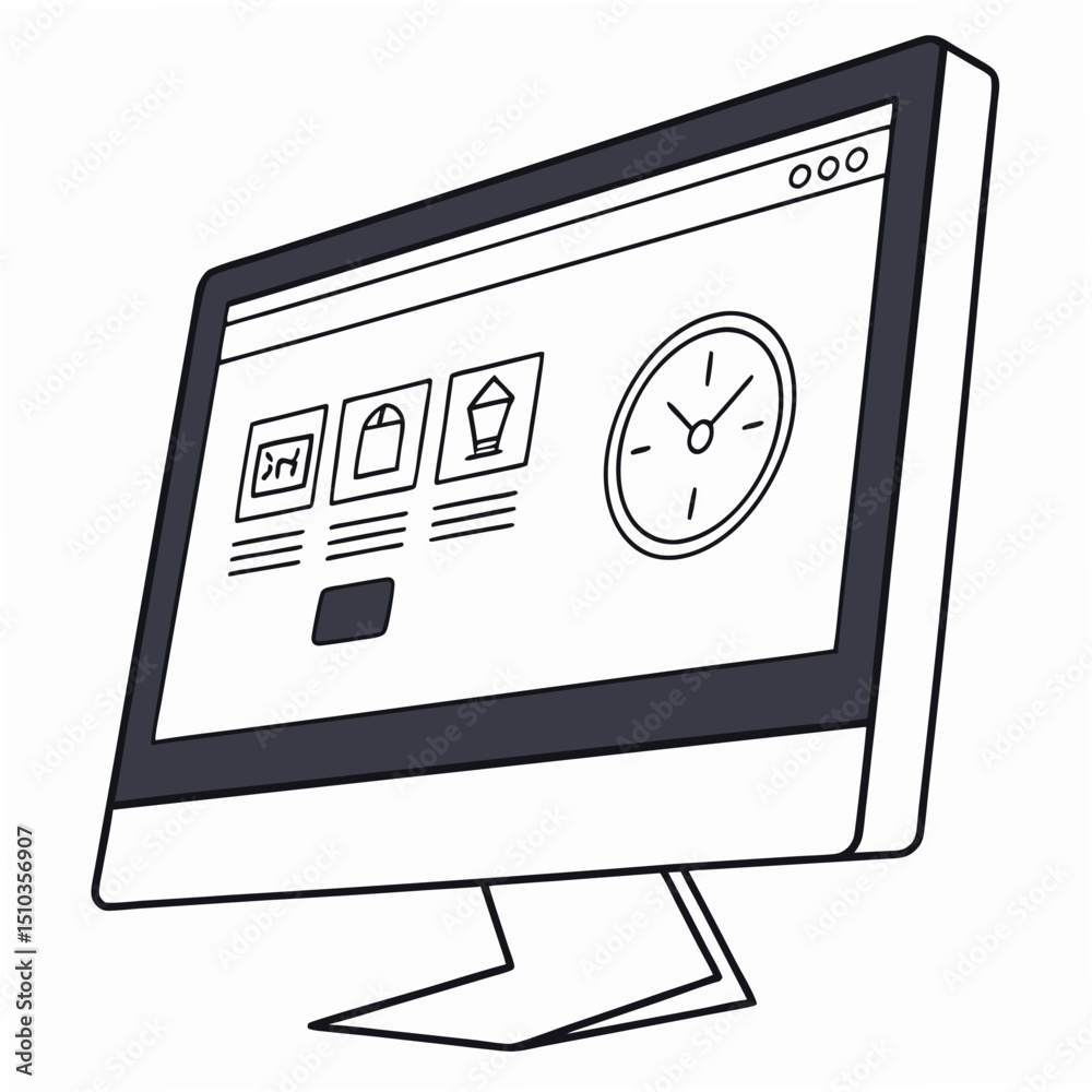 Poster modern digital computer monitor displaying interface elements in minimalist black and white style