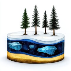 Pixel Art Winter Landscape Cross Section with Ice Crystals and