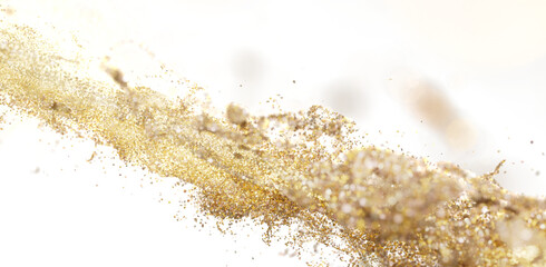 Abstract gold glitter explosion, perfect for luxury, celebration, and festive designs. High resolution image.