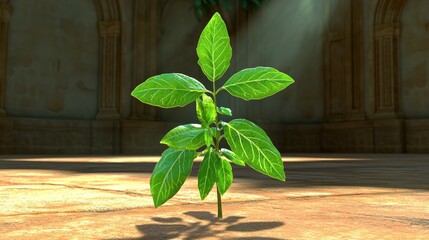 Pixelated Green Plant Sprouting in Ancient Stone Hall