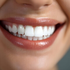 Close-up of a smiling person showcasing bright, white teeth. The radiant smile exudes happiness and confidence, perfect for health and beauty themes.
