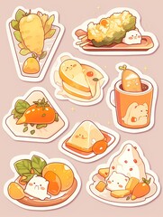Whimsical anime food stickers, cute animal faces, dishes and desserts, soft pink background, kawaii illustration, digital art.