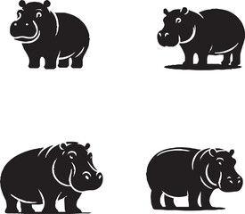 Black and White Stylized Hippopotamus Illustrations in Various Poses