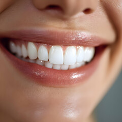 Obraz premium An up-close image of a beautiful smile featuring bright white teeth and healthy lips. This image captures the essence of confidence and happiness.