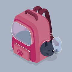 Black cat in a special backpack for travel. Pet carrier. Traveling with pets.  3d flat isometric vector illustration.