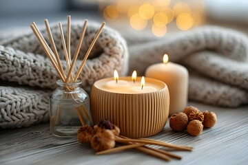 Cozy candle arrangement with soft textures, creating a warm and inviting atmosphere perfect for relaxation and self-care during chilly evenings.