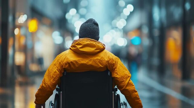 Person in wheelchair navigating a modern urban setting in rainy weather