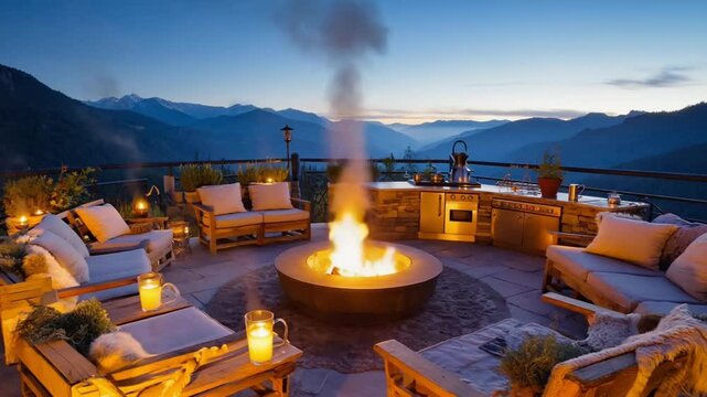Luxury Mediterranean backyard patio dusk, soft sapphire twilight sky, marble fire warm flames, hanging lanterns, outdoor kitchen chef seafood, lush olive trees, elegant ambiance, cinematic lighting