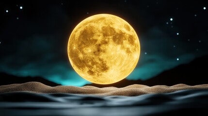 Pixelated Golden Moon Over Teal Night Landscape
