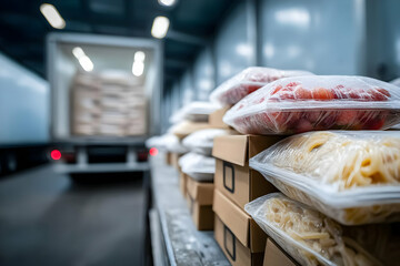 Packages of fresh pasta and sauce are neatly stacked, ready for delivery. A truck in the background emphasizes the theme of food transport and logistics.