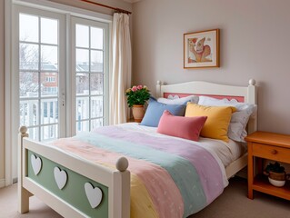 Cozy bedroom featuring a colorful bedspread with heart details, large windows allowing natural light, and a warm atmosphere with decorative plants and artwork enhancing the space
