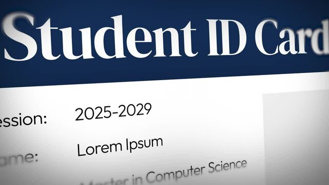A sample concept of Student card for education and college, 4k animation. Zooming onto the identity card, university, computer science, id card.