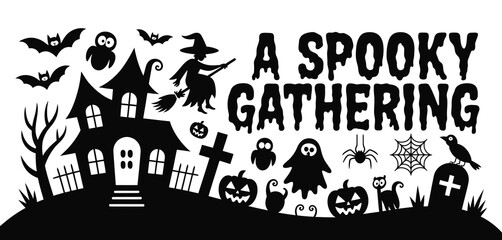 Spooky Halloween Gathering Black Silhouettes Illustration
