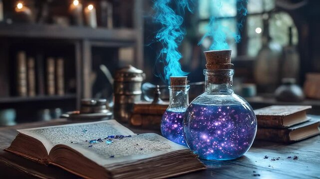 Mystical potions and ancient book conjure a whimsical vintage ambiance