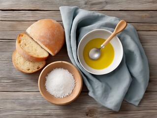 Freshly baked bread slices with olive oil in a bowl, coarse salt in a wooden dish, and a soft blue cloth on a rustic wooden table, creating a warm culinary atmosphere