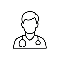 A simple line art icon depicting a doctor with a stethoscope.